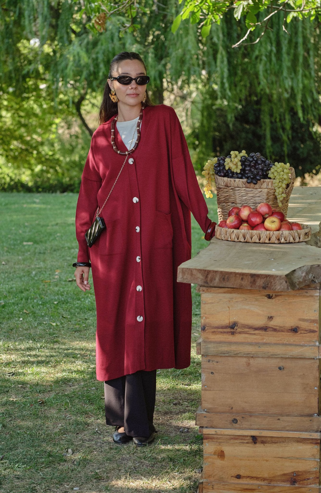 Cepli Maksi Bordo İnce Triko Hırka - Fatma Atasoy