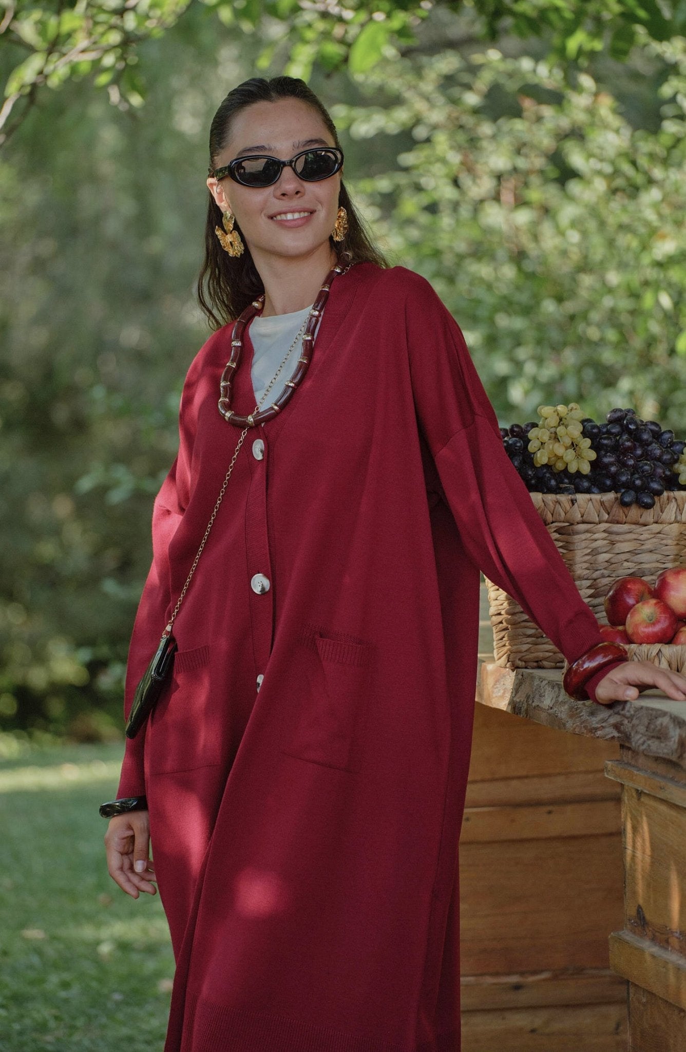 Cepli Maksi Bordo İnce Triko Hırka - Fatma Atasoy