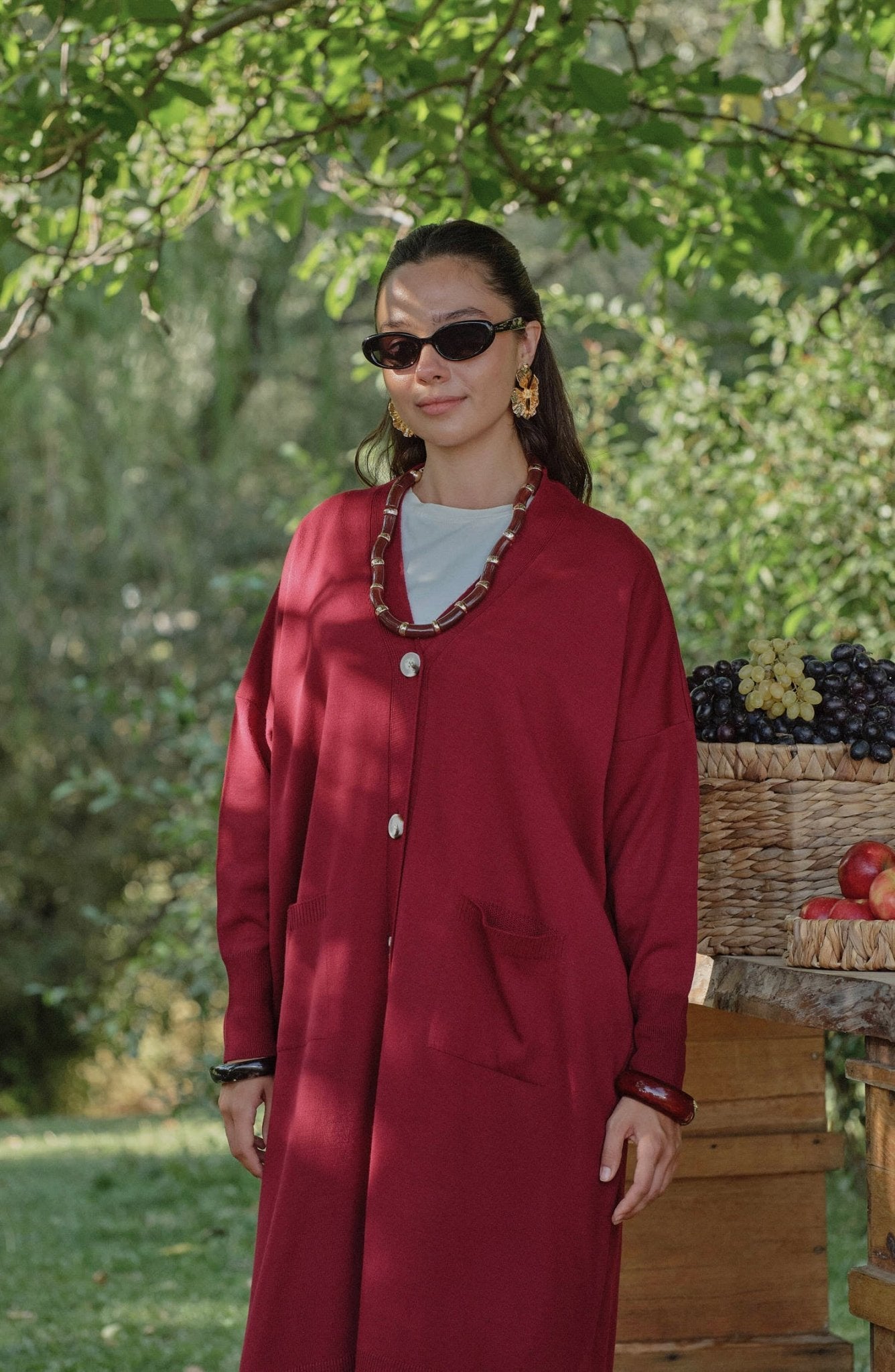 Cepli Maksi Bordo İnce Triko Hırka - Fatma Atasoy
