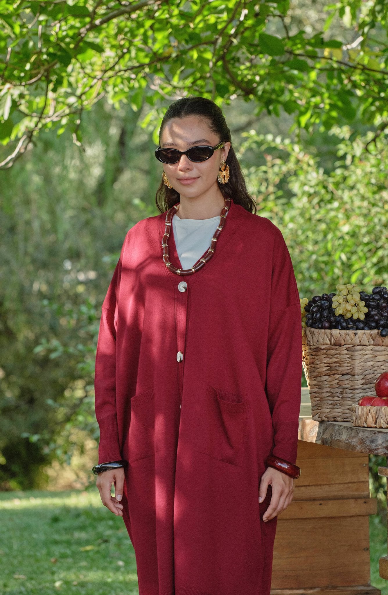 Cepli Maksi Bordo İnce Triko Hırka - Fatma Atasoy