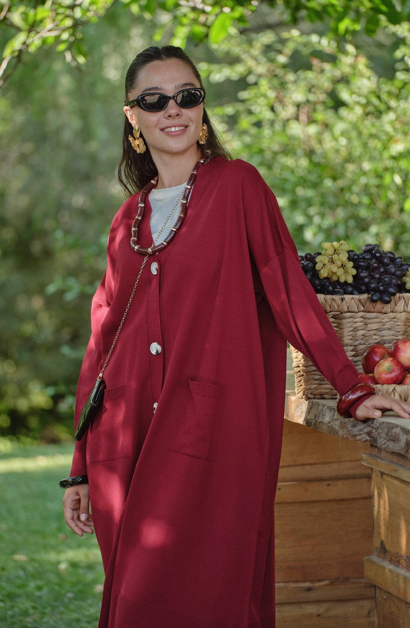 Cepli Maksi Bordo İnce Triko Hırka - Fatma Atasoy