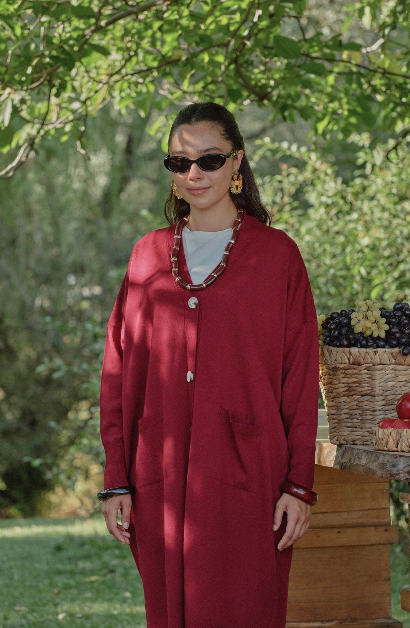 Cepli Maksi Bordo İnce Triko Hırka - Fatma Atasoy