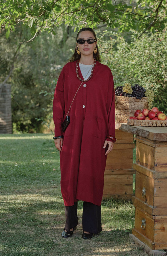 Cepli Maksi Bordo İnce Triko Hırka - Fatma Atasoy