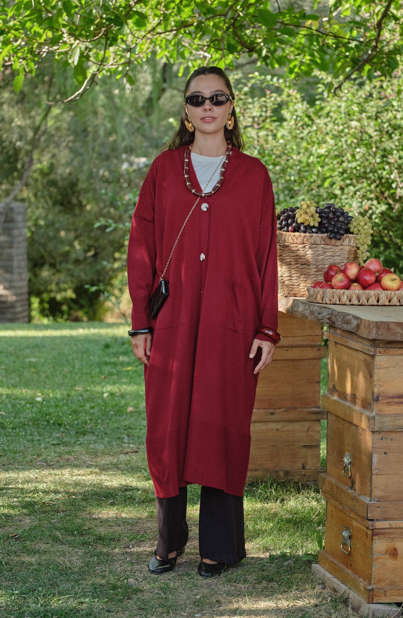 Cepli Maksi Bordo İnce Triko Hırka - Fatma Atasoy