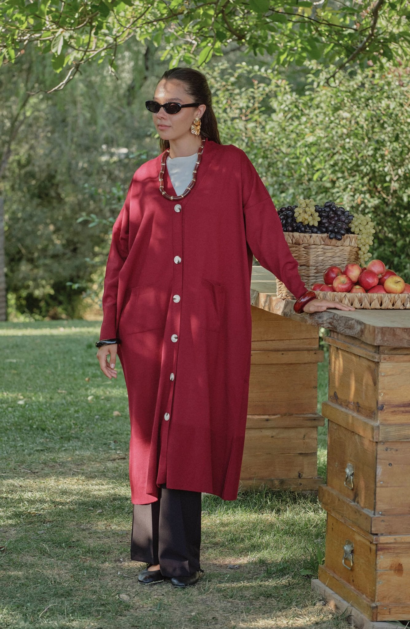 Cepli Maksi Bordo İnce Triko Hırka - Fatma Atasoy