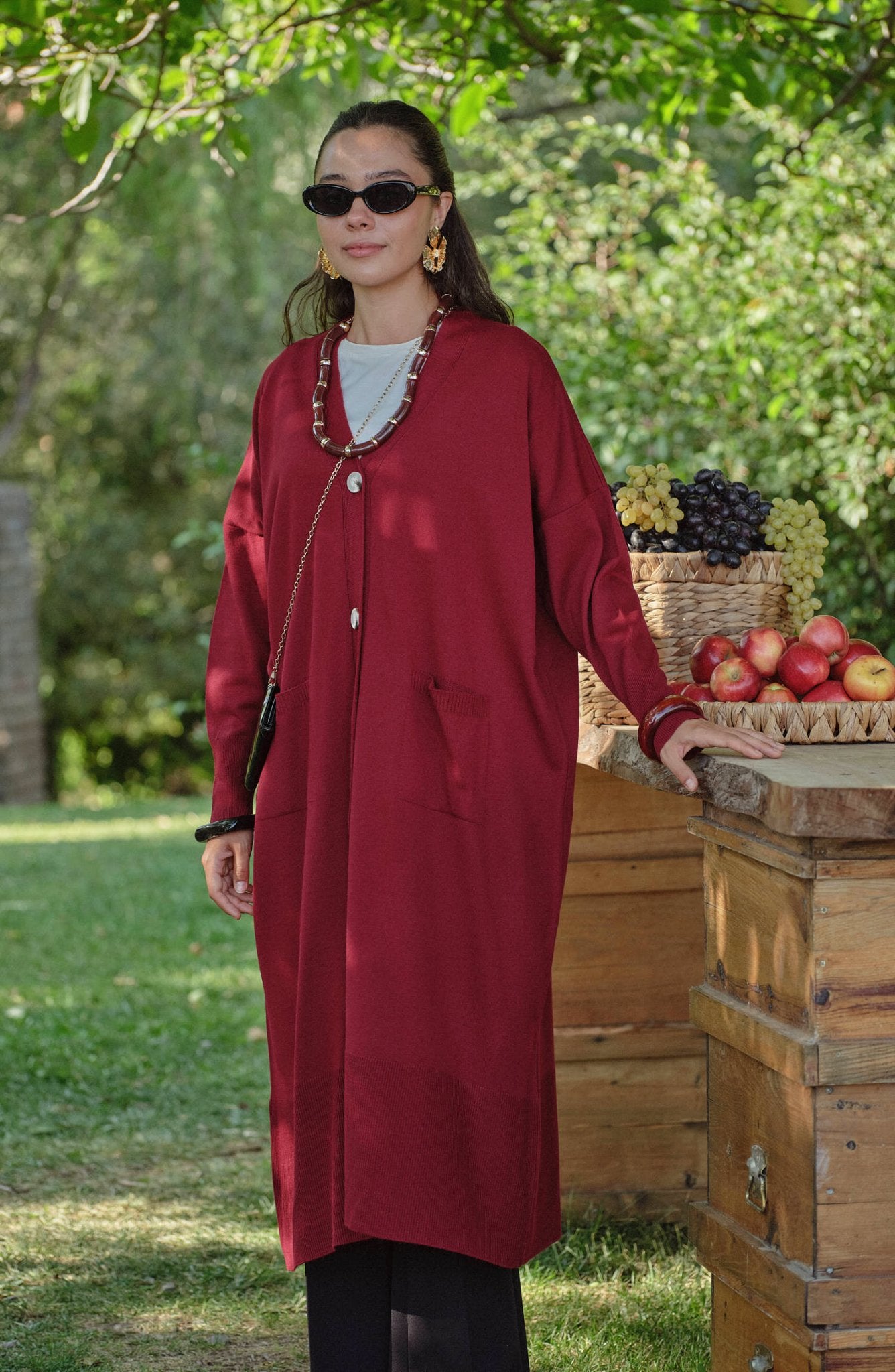 Cepli Maksi Bordo İnce Triko Hırka - Fatma Atasoy