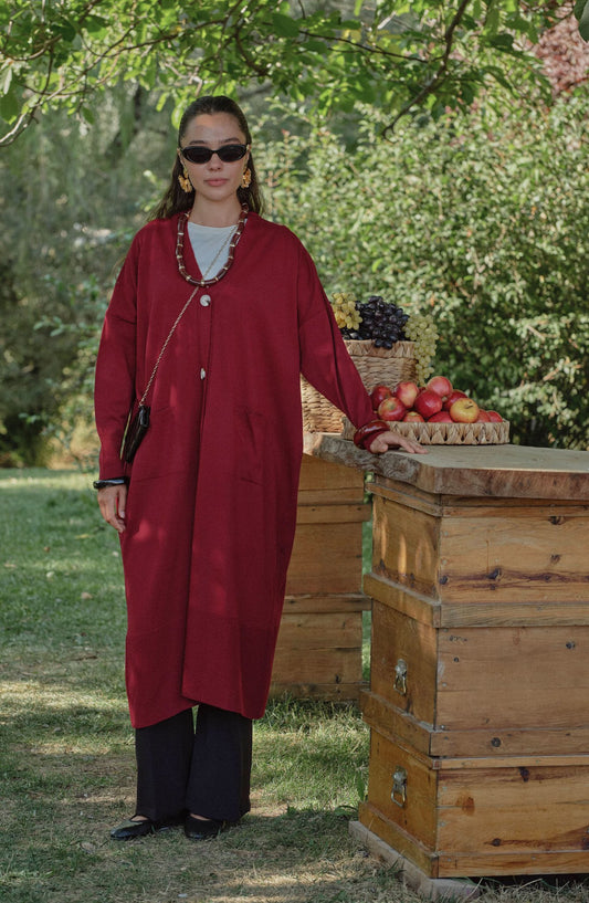 Cepli Maksi Bordo İnce Triko Hırka - Fatma Atasoy