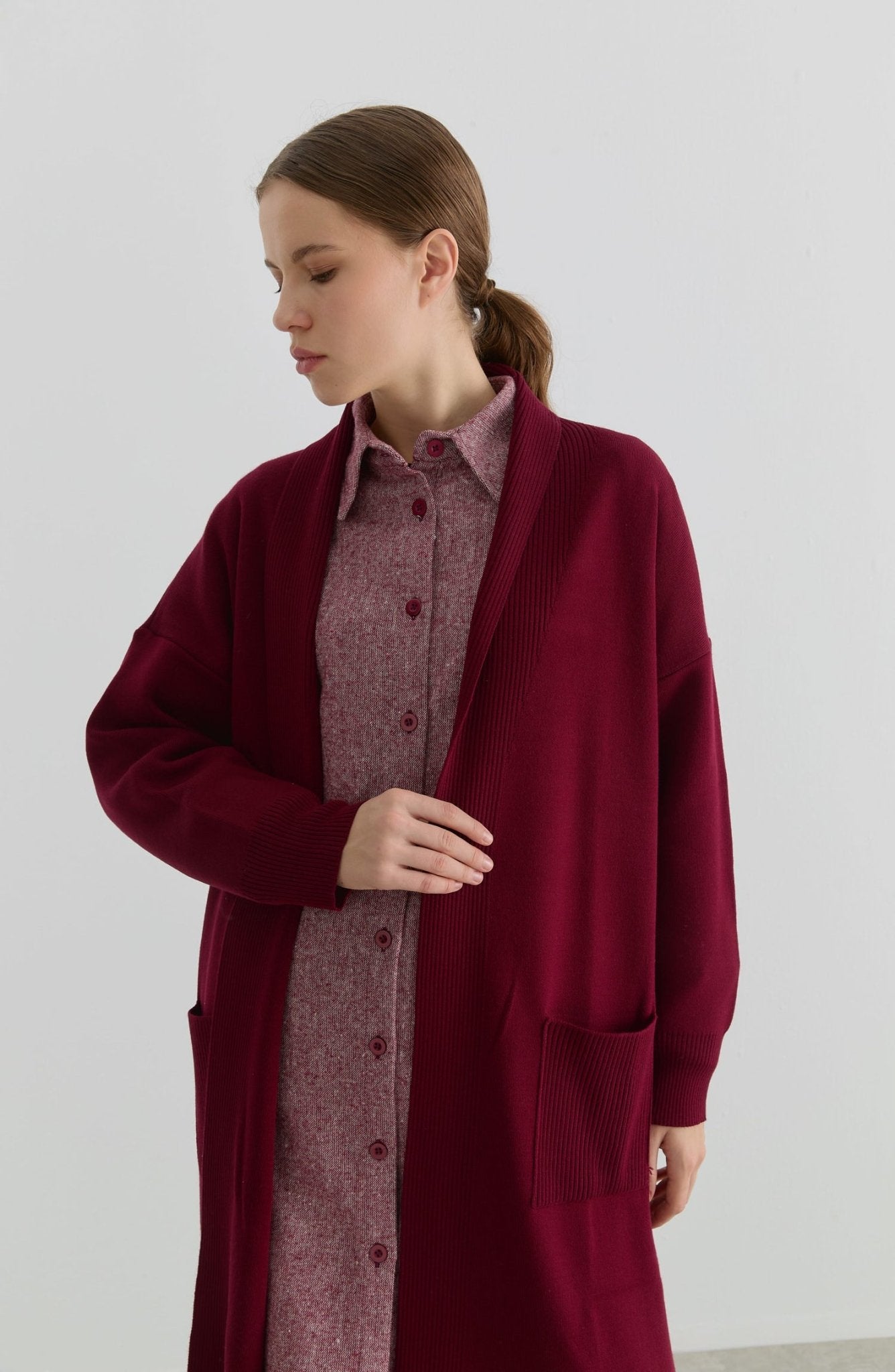 Cepli Maksi Bordo Triko Hırka - Fatma Atasoy