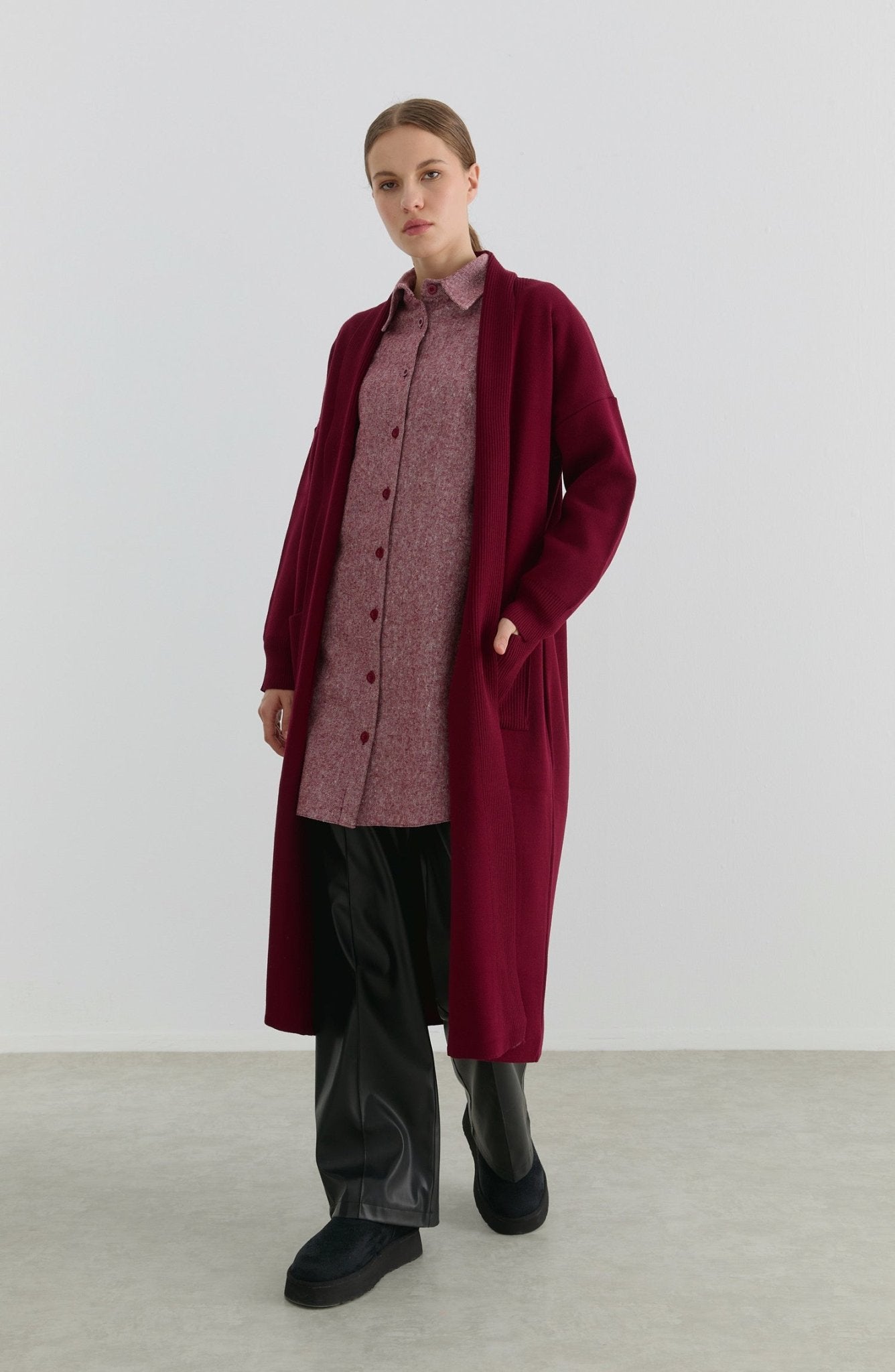 Cepli Maksi Bordo Triko Hırka - Fatma Atasoy