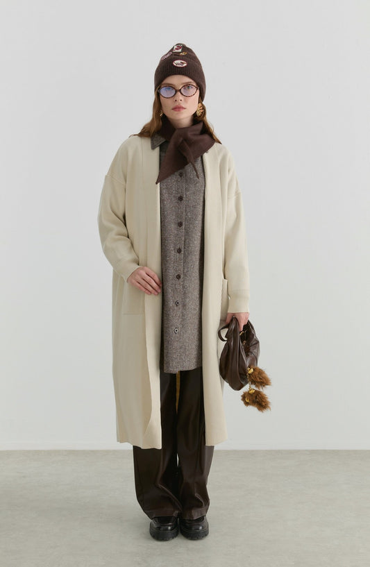 Cepli Maksi Ekru Triko Hırka - Fatma Atasoy