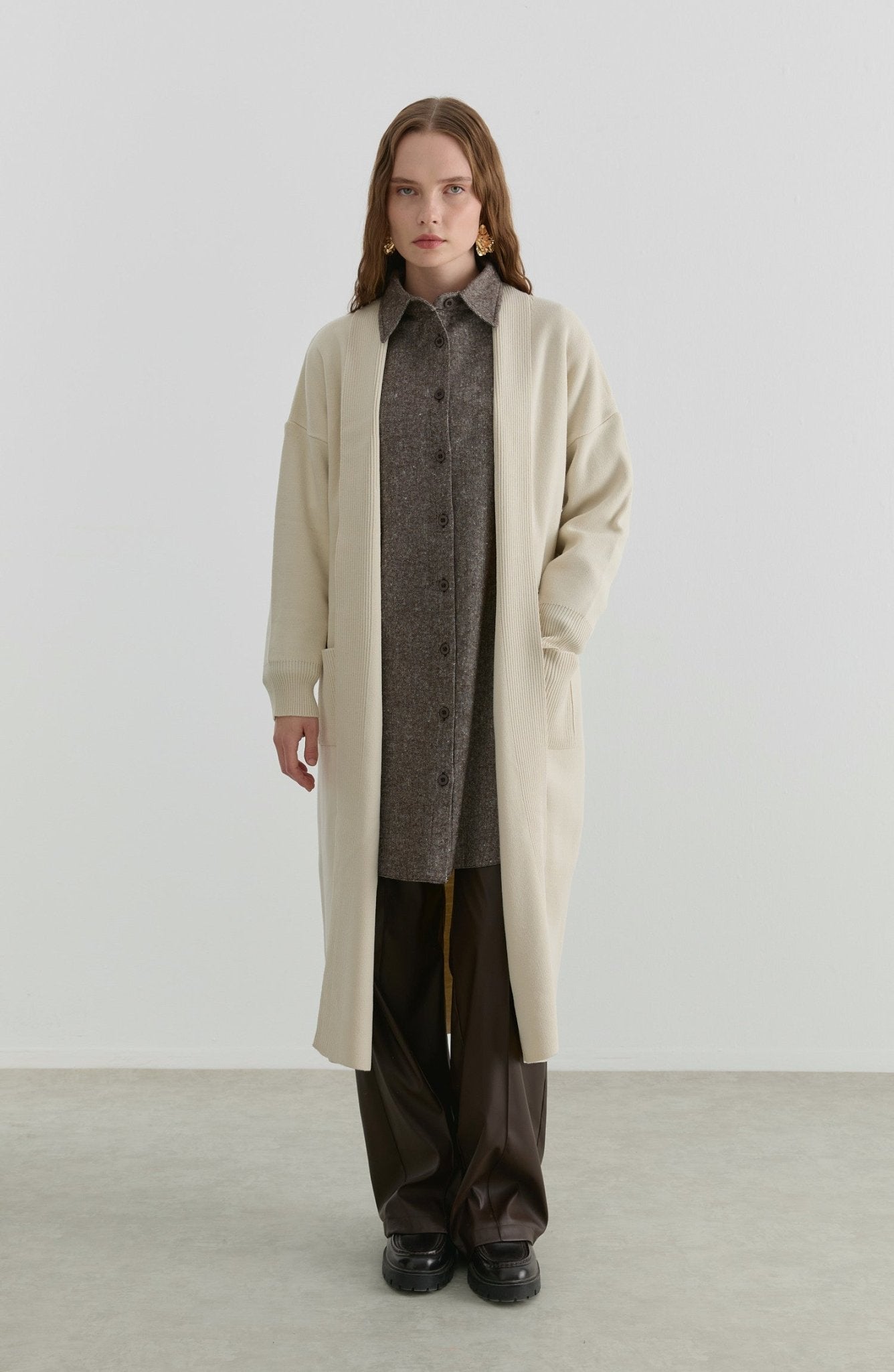 Cepli Maksi Ekru Triko Hırka - Fatma Atasoy