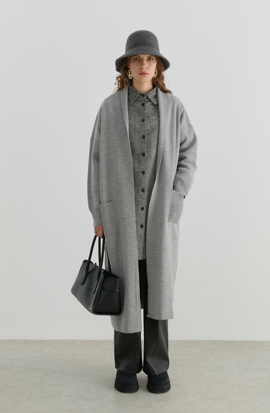 Cepli Maksi Gri Triko Hırka - Fatma Atasoy