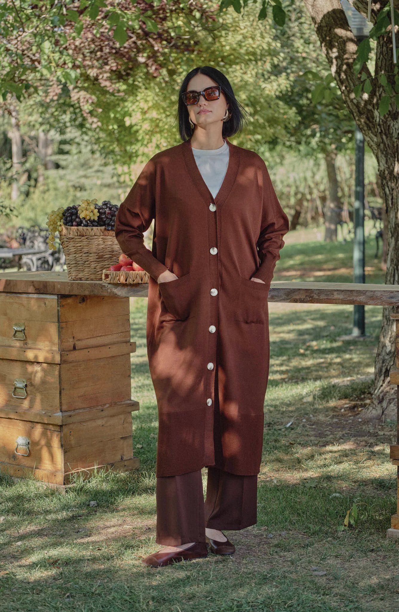 Cepli Maksi Kahverengi İnce Triko Hırka - Fatma Atasoy