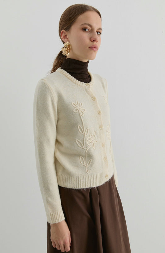 Çiçek Nakışlı Taş Kısa Triko Hırka - Fatma Atasoy