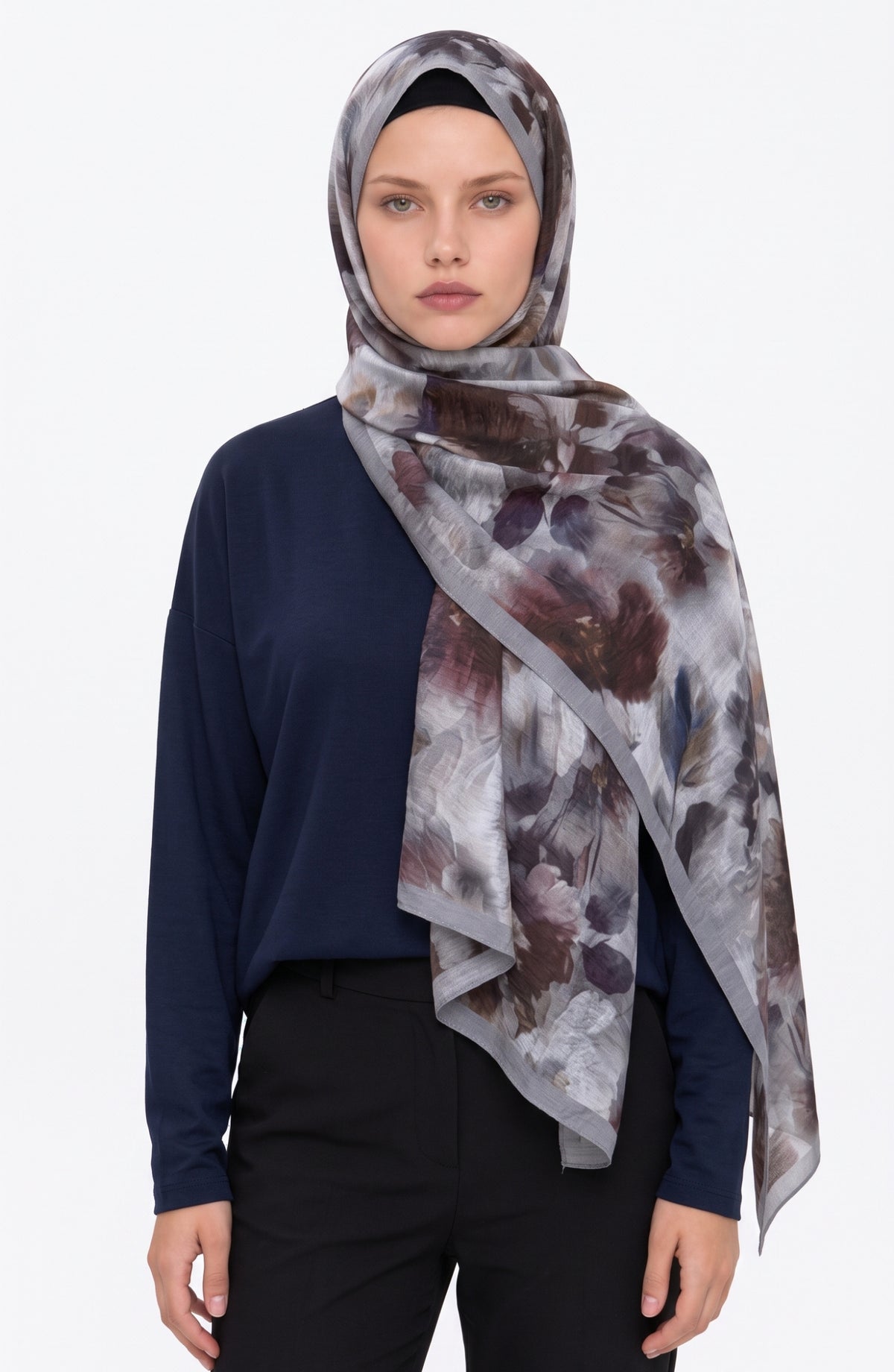 Flora Mist Desenli Gri Şal
