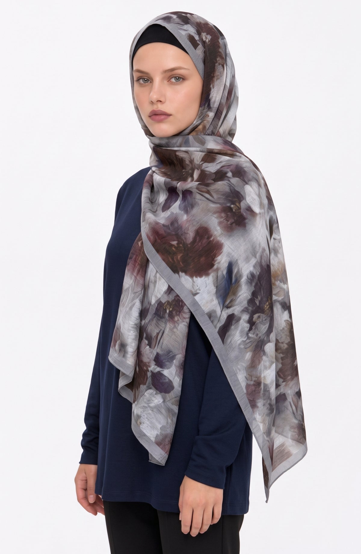 Flora Mist Desenli Gri Şal