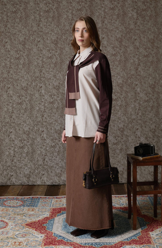 Çizgili Gömlek Görünümlü Acı Kahve Triko Kazak - Fatma Atasoy