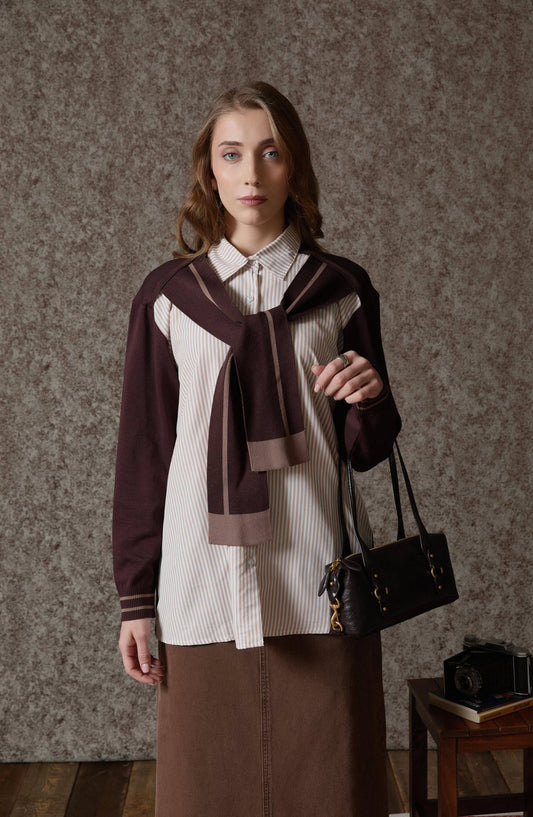 Çizgili Gömlek Görünümlü Acı Kahve Triko Kazak - Fatma Atasoy