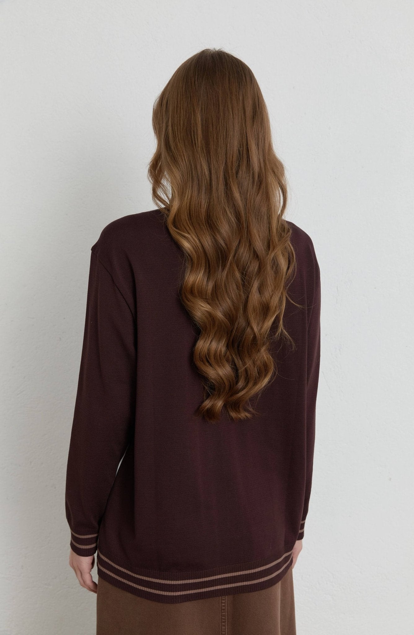 Çizgili Gömlek Görünümlü Acı Kahve Triko Kazak - Fatma Atasoy