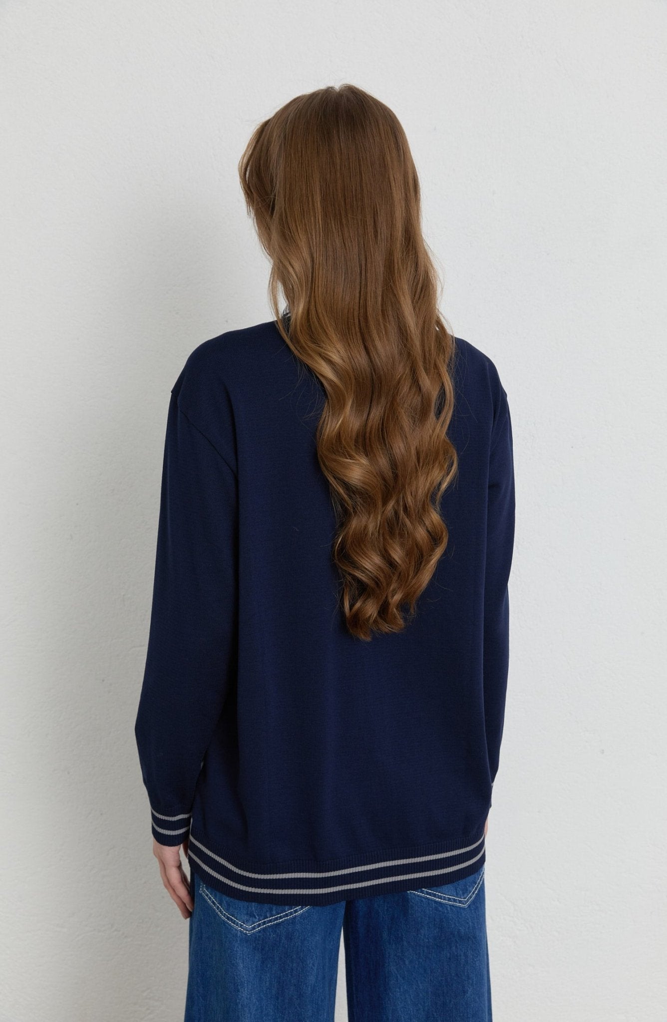 Çizgili Gömlek Görünümlü Lacivert Triko Kazak - Fatma Atasoy