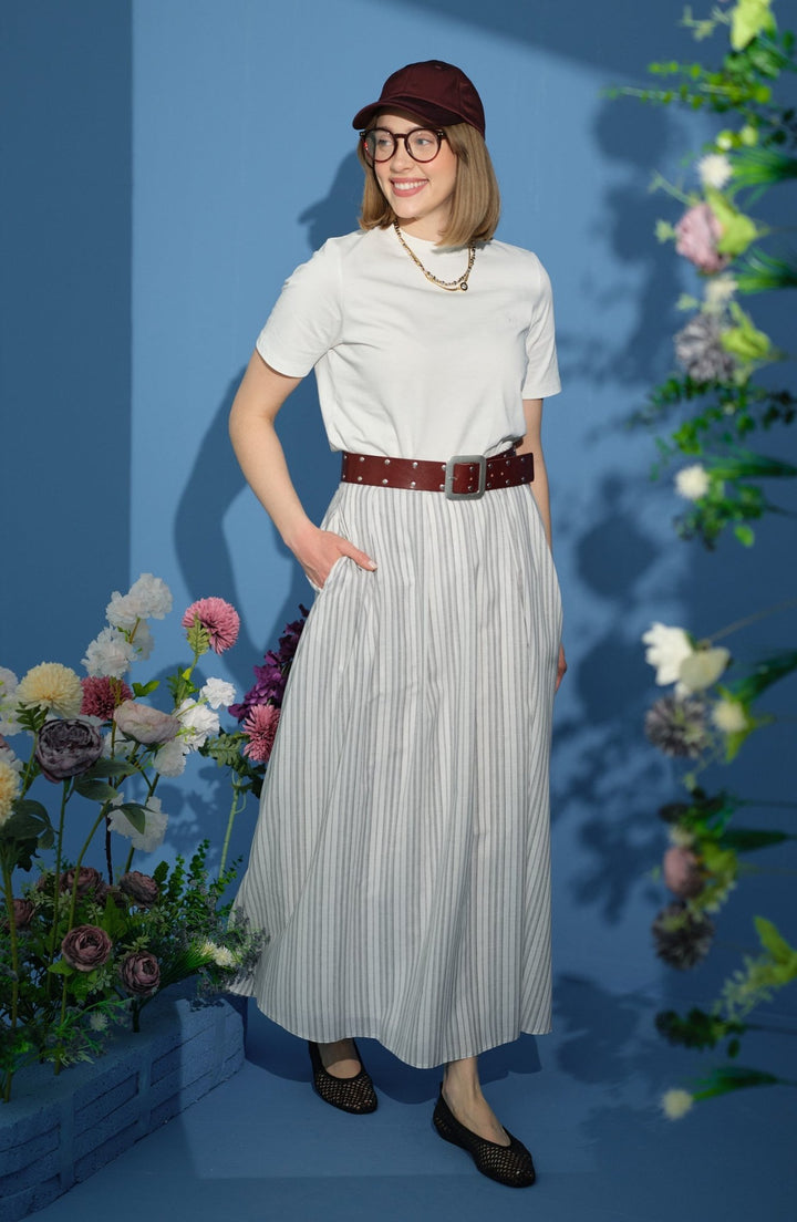 Çizgili Pileli Gri Etek - Fatma Atasoy