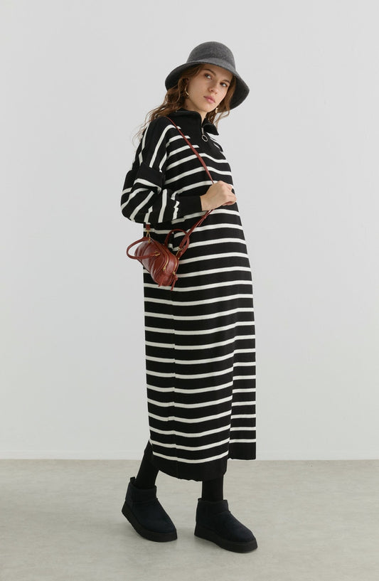 Çizgili Siyah Triko Elbise - Fatma Atasoy