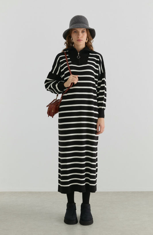 Çizgili Siyah Triko Elbise - Fatma Atasoy