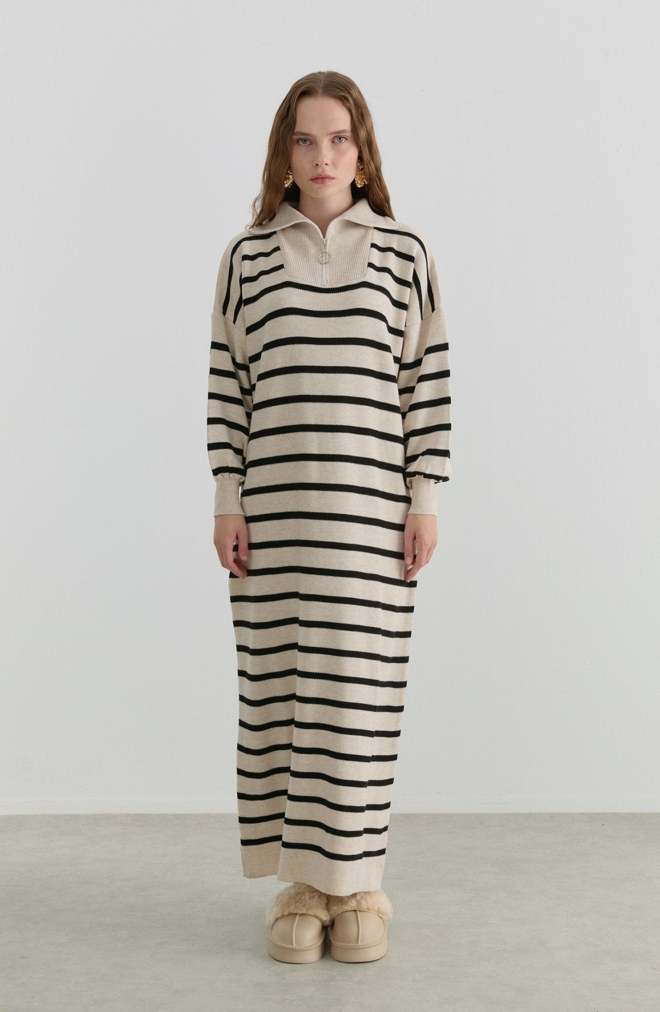 Çizgili Taş Triko Elbise - Fatma Atasoy