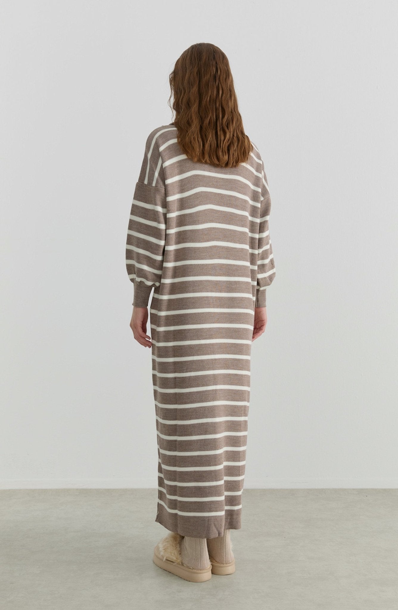 Çizgili Vizon Triko Elbise - Fatma Atasoy