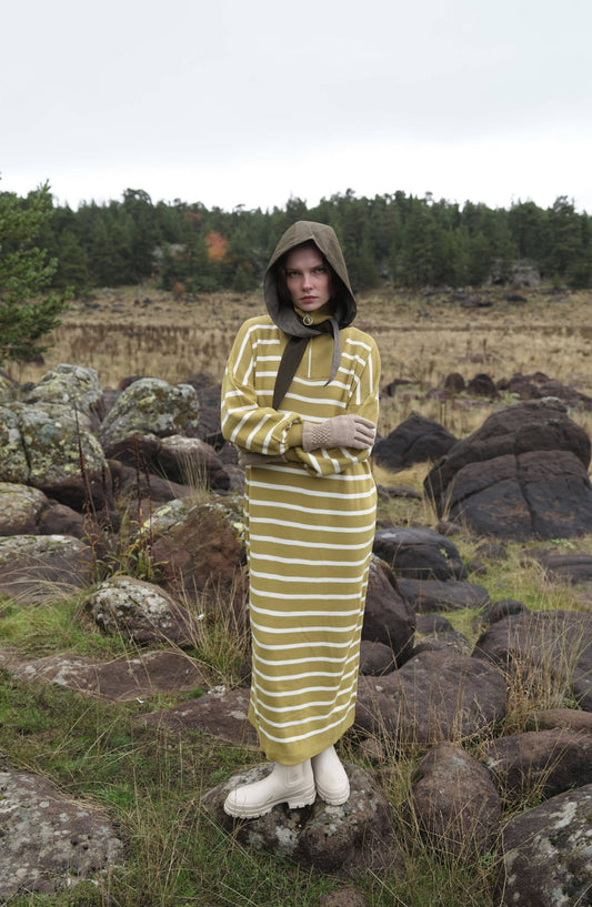 Çizgili Yağ Yeşili Triko Elbise - Fatma Atasoy