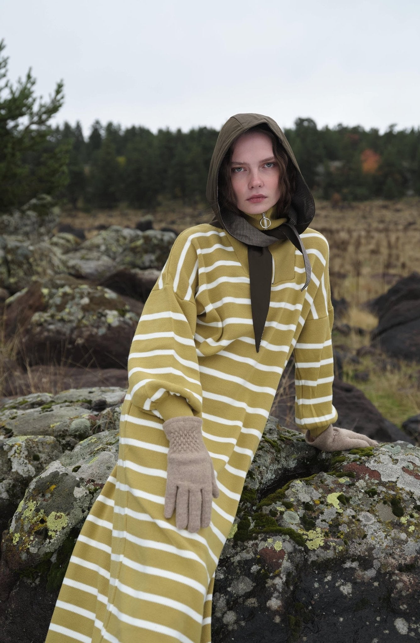 Çizgili Yağ Yeşili Triko Elbise - Fatma Atasoy