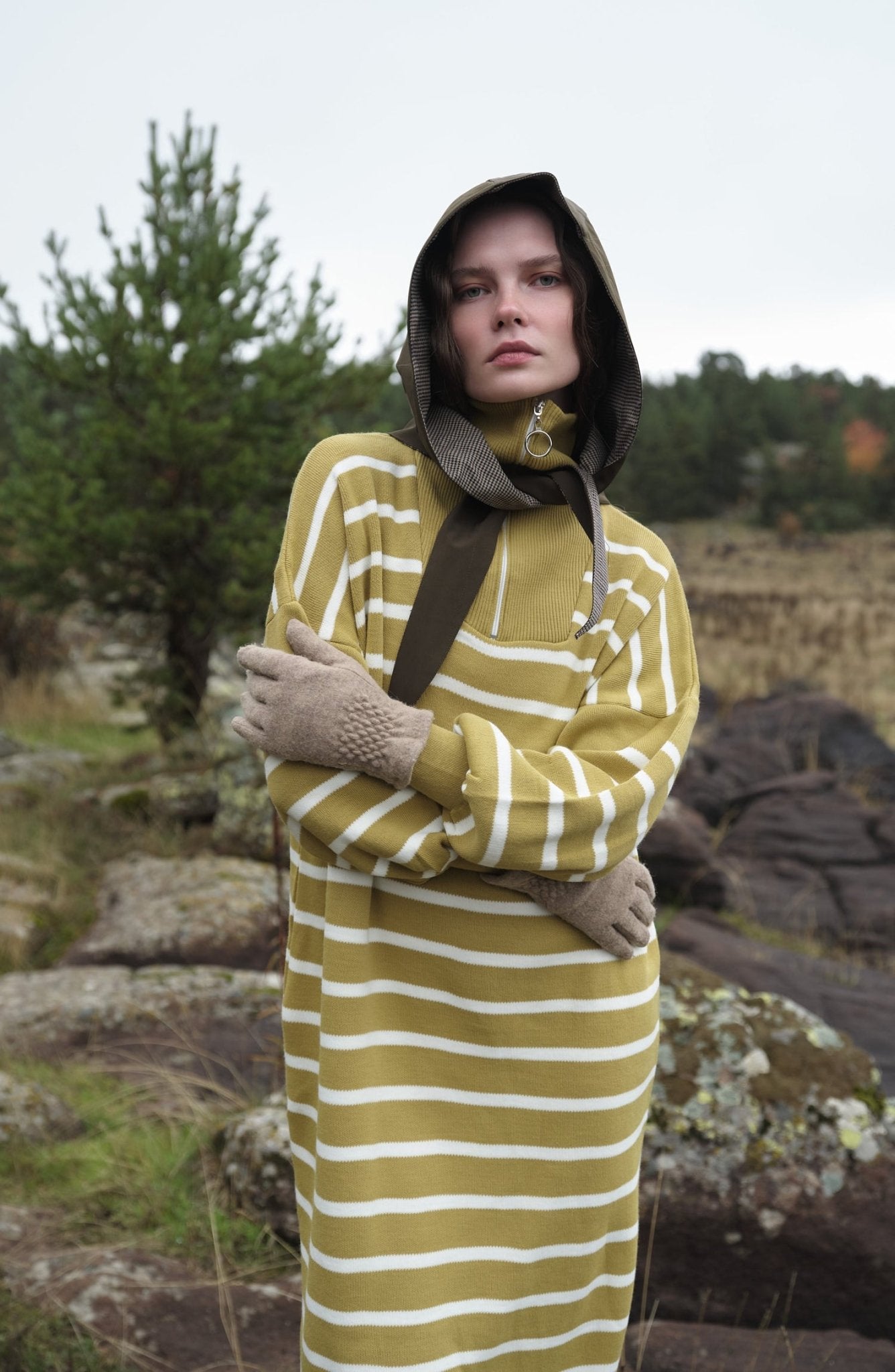 Çizgili Yağ Yeşili Triko Elbise - Fatma Atasoy