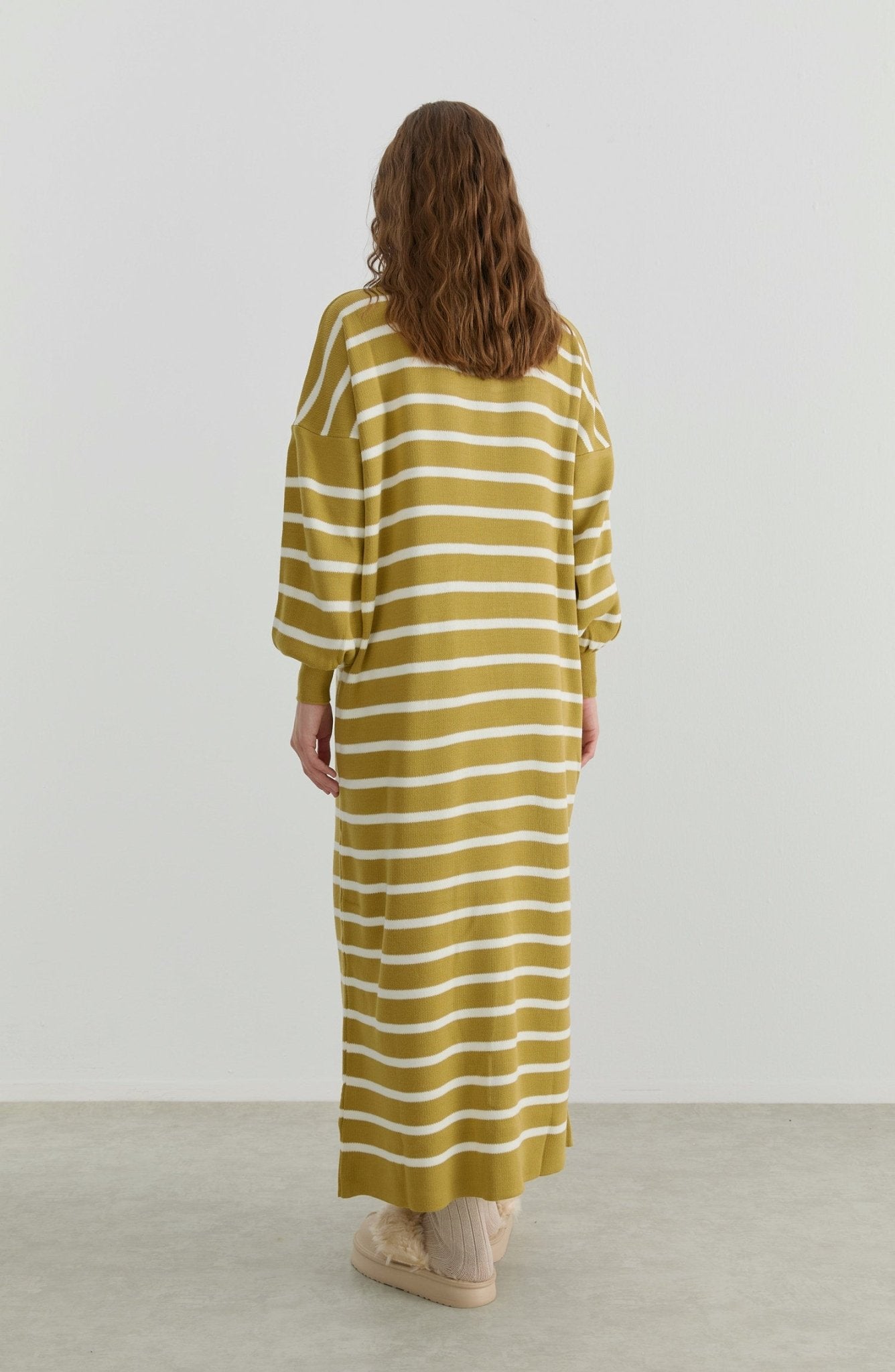 Çizgili Yağ Yeşili Triko Elbise - Fatma Atasoy