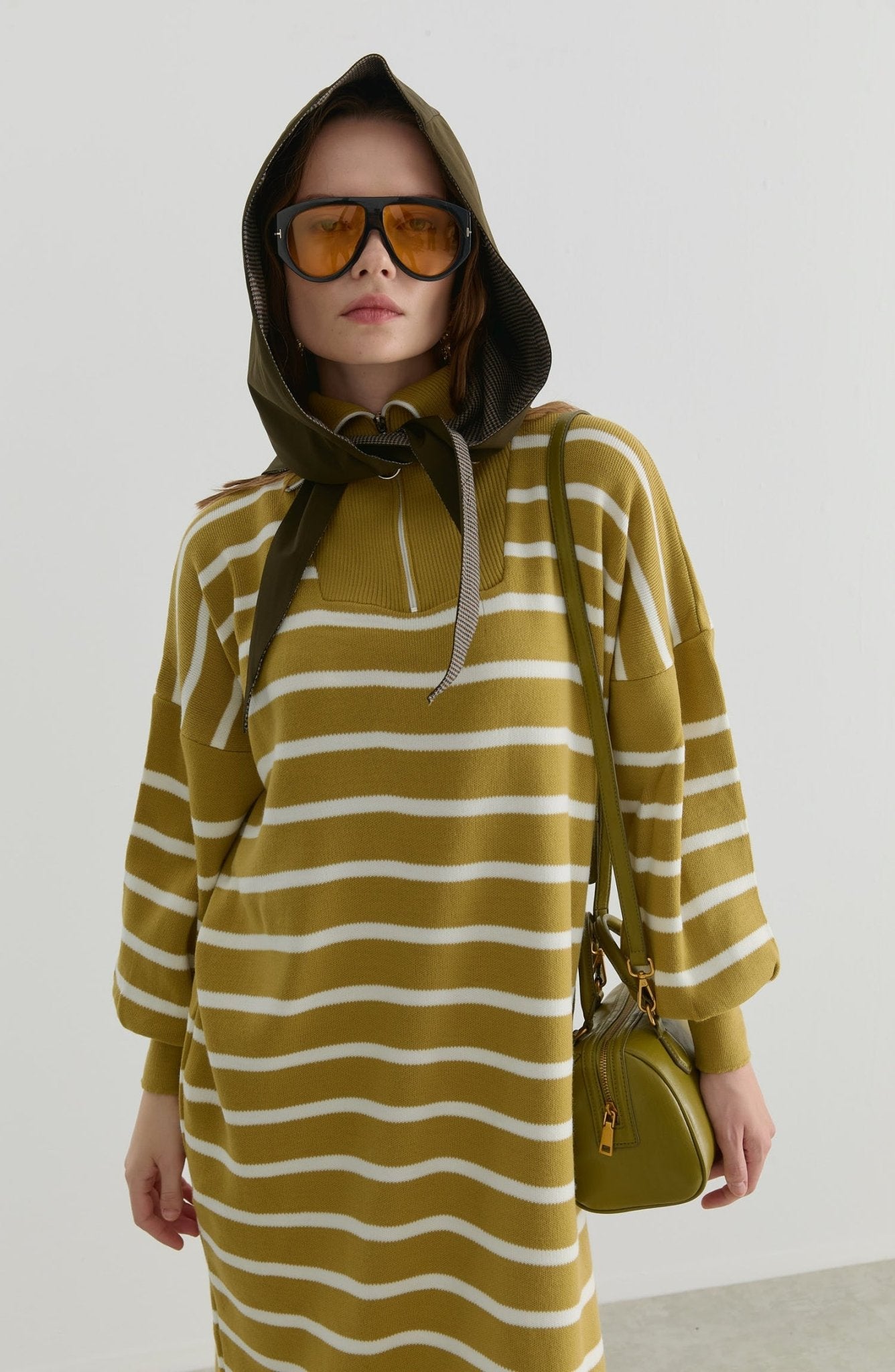 Çizgili Yağ Yeşili Triko Elbise - Fatma Atasoy