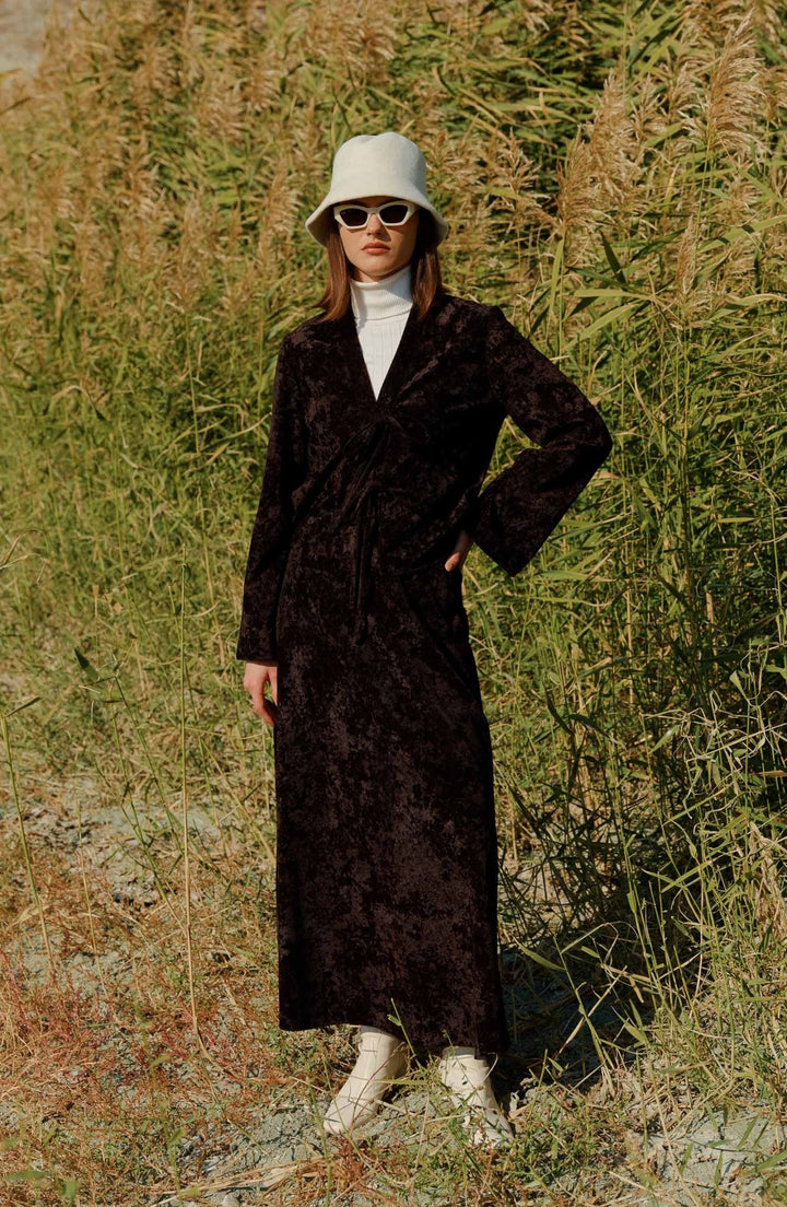 Crach Kadife Bağlamalı Kahverengi Kimono - Fatma Atasoy