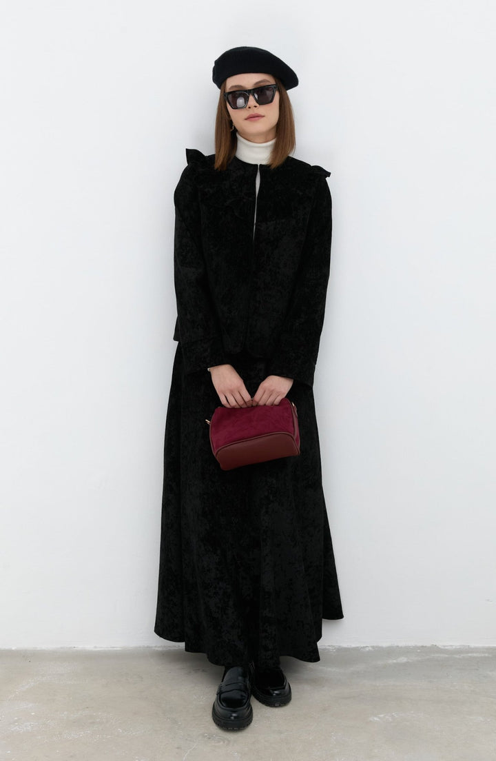 Crach Kadife Fırfırlı Siyah Ceket - Fatma Atasoy