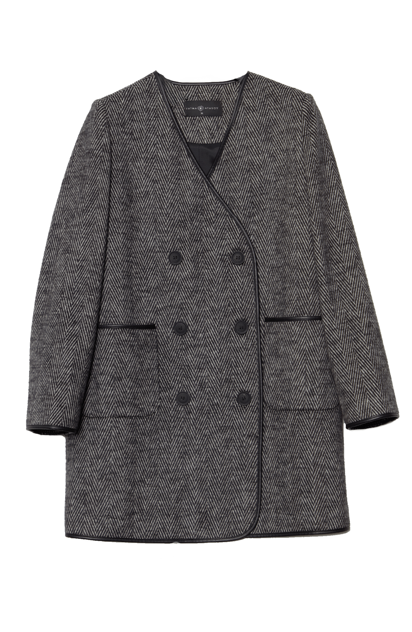 Deri Biyeli Balıksırtı Siyah Ceket Kaban - Fatma Atasoy