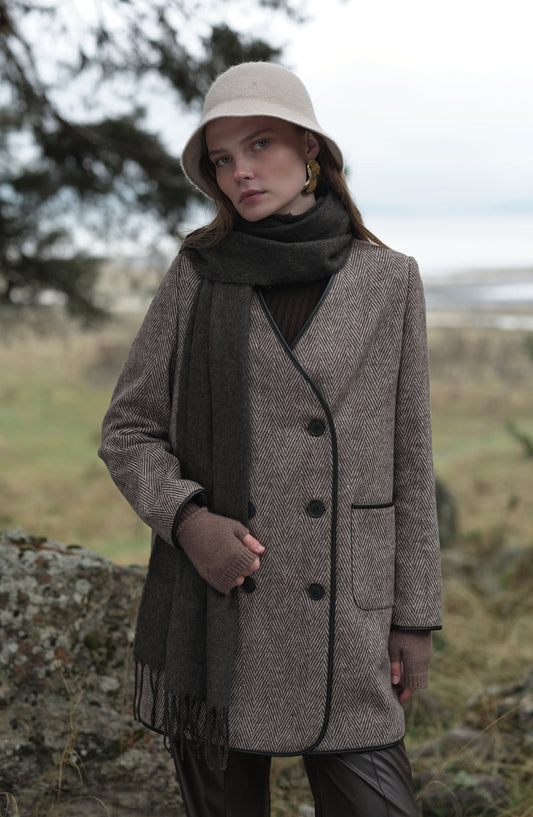 Deri Biyeli Balıksırtı Sütlü Kahve Ceket Kaban - Fatma Atasoy