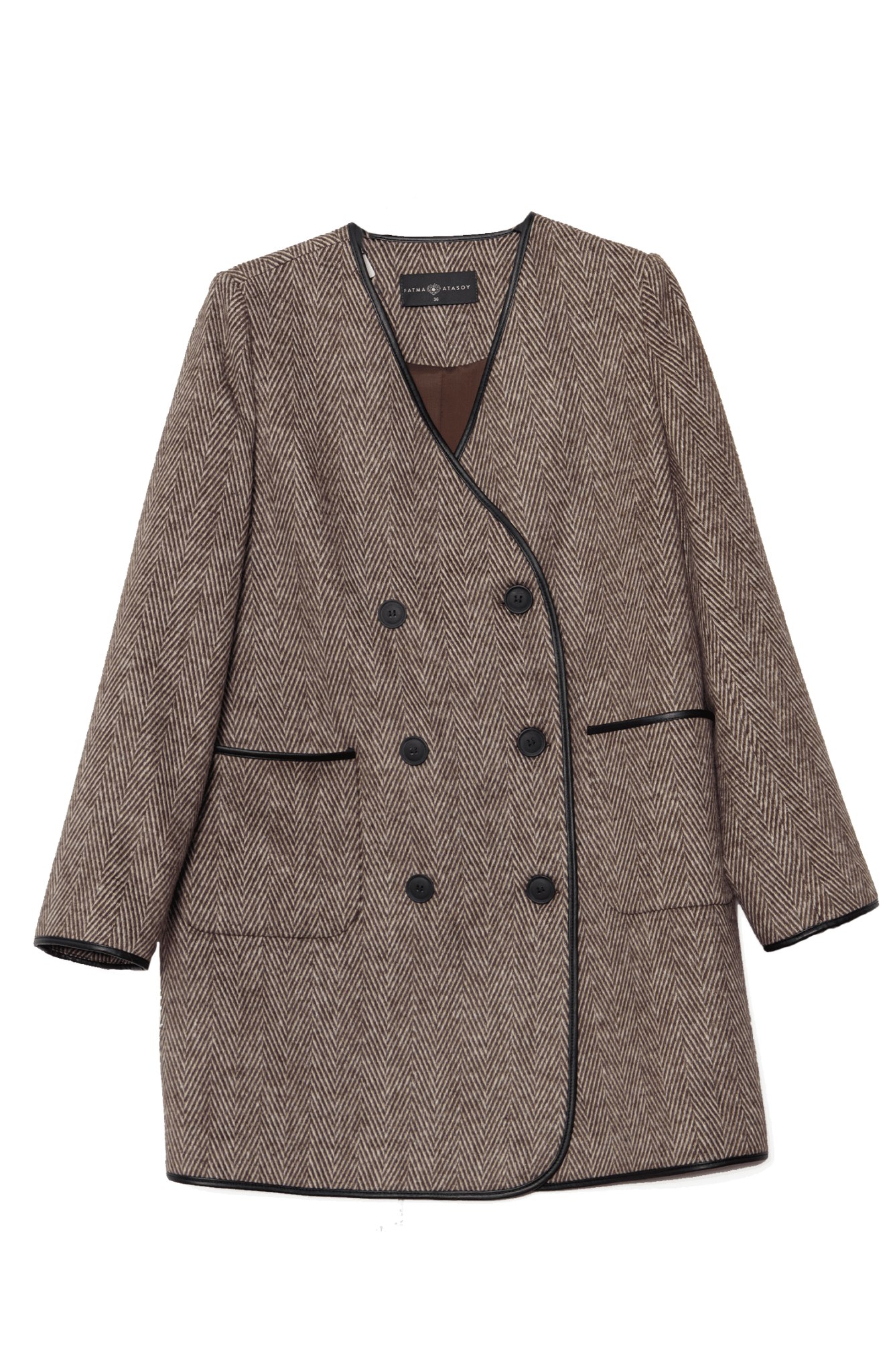 Deri Biyeli Balıksırtı Sütlü Kahve Ceket Kaban - Fatma Atasoy