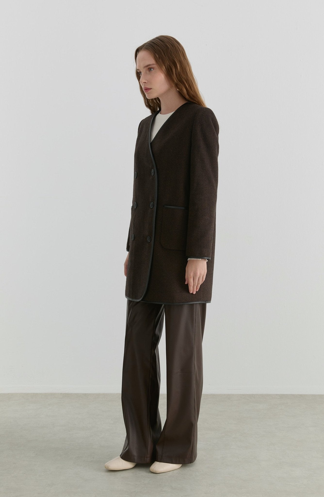 Deri Biyeli Balıksırtı Taba Ceket Kaban - Fatma Atasoy