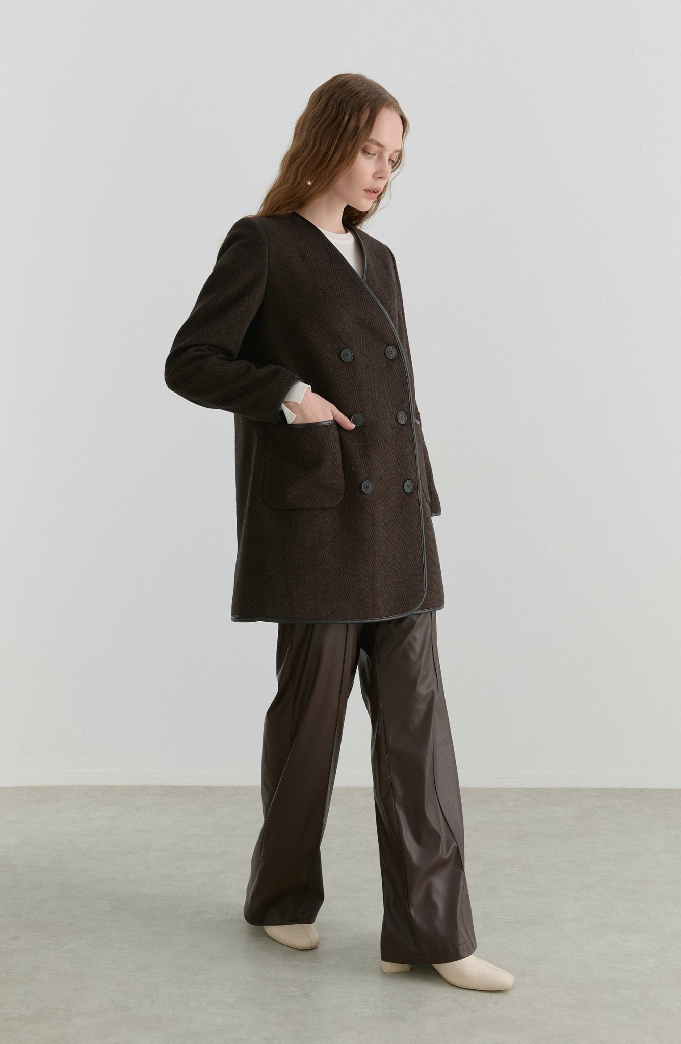 Deri Biyeli Balıksırtı Taba Ceket Kaban - Fatma Atasoy