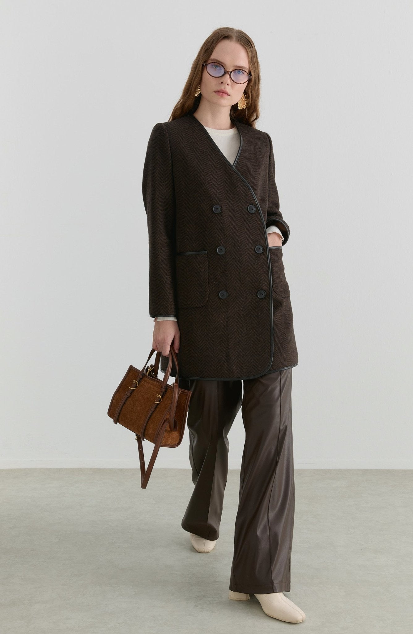 Deri Biyeli Balıksırtı Taba Ceket Kaban - Fatma Atasoy