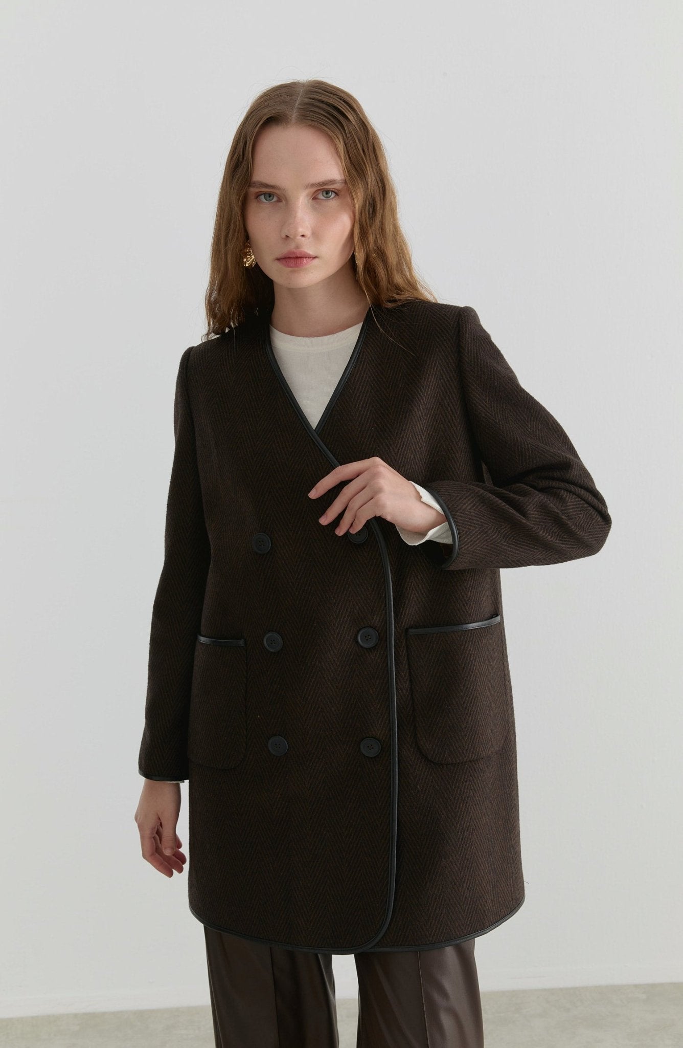 Deri Biyeli Balıksırtı Taba Ceket Kaban - Fatma Atasoy