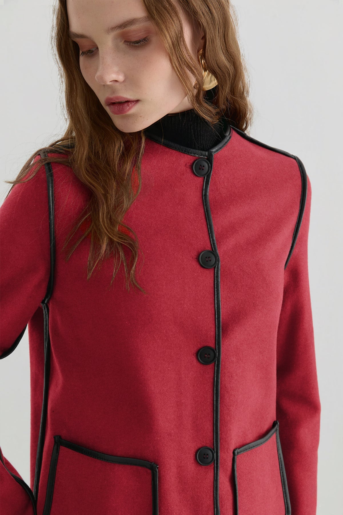 Deri Biyeli Bordo Midi Ceket - Fatma Atasoy