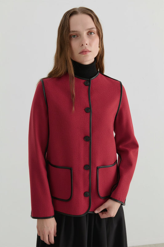 Deri Biyeli Bordo Midi Ceket - Fatma Atasoy