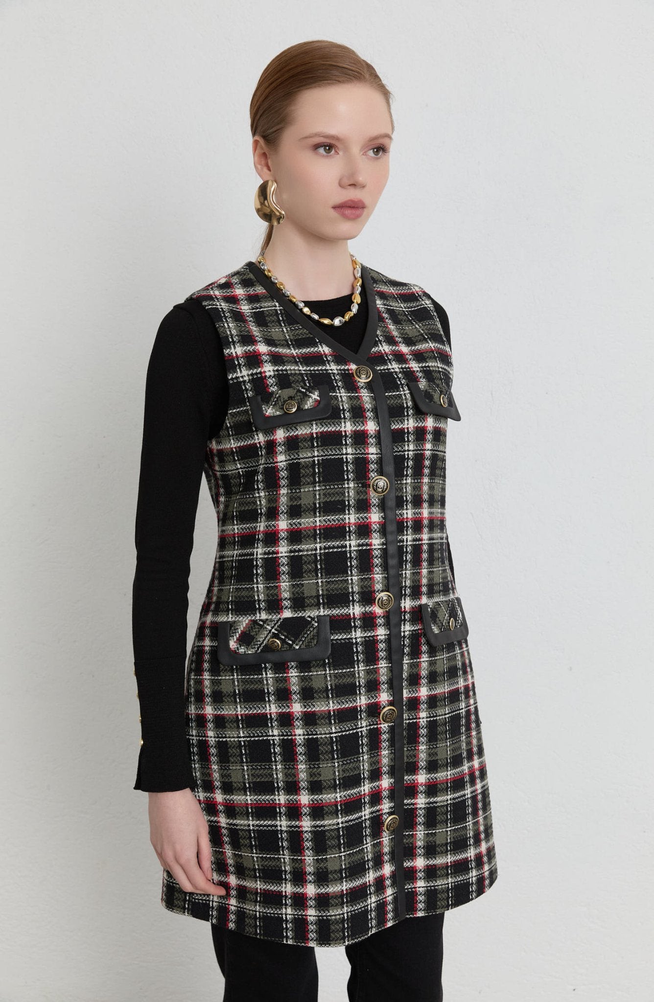 Deri Biyeli Haki Ekose Tüvit Yelek - Fatma Atasoy