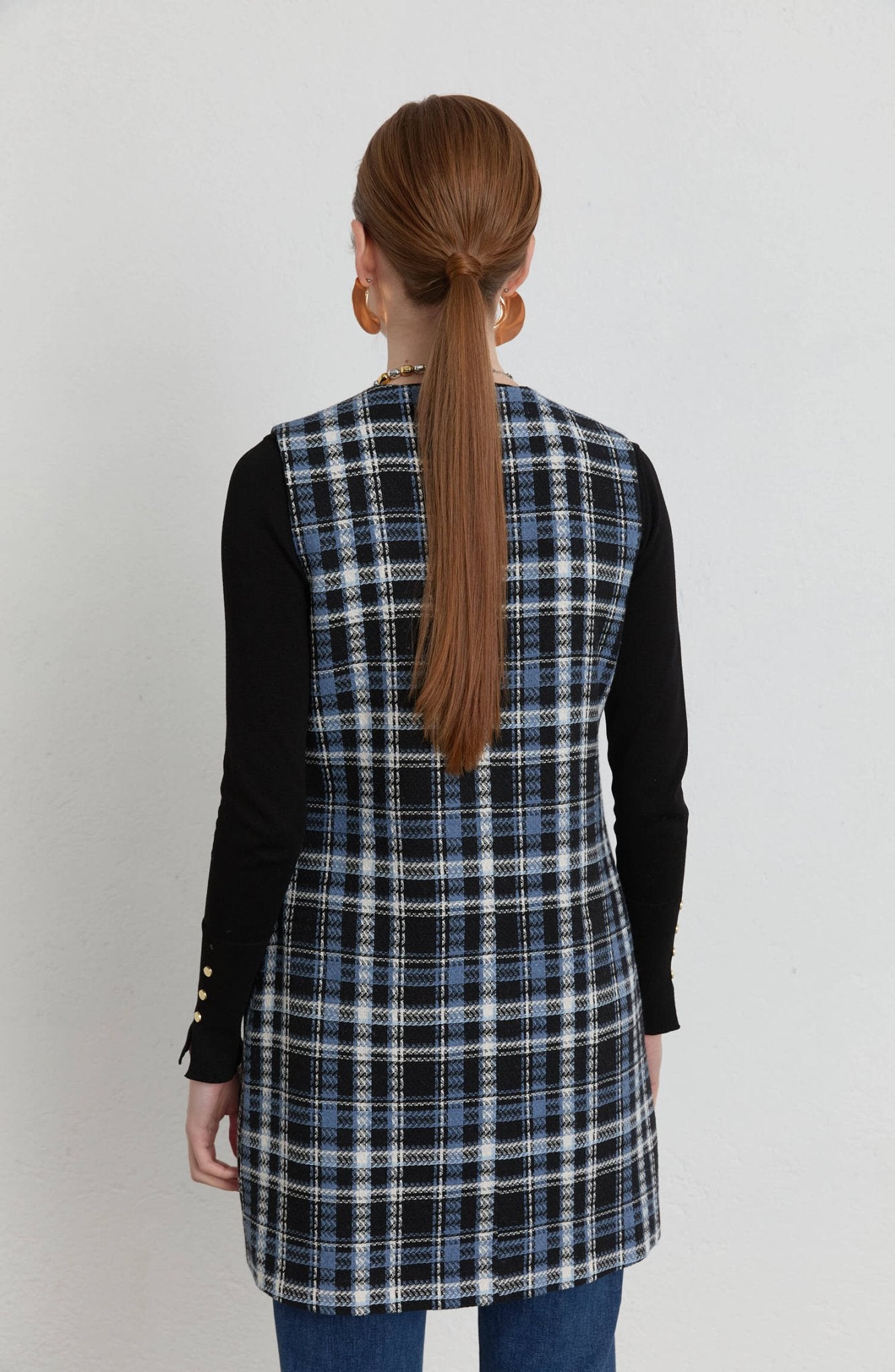 Deri Biyeli İndigo Ekose Tüvit Yelek - Fatma Atasoy