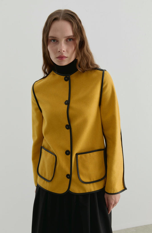 Deri Biyeli Sarı Midi Ceket - Fatma Atasoy