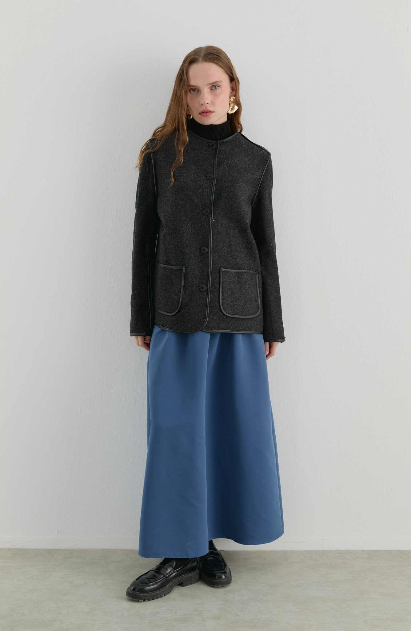 Deri Biyeli Siyah Midi Ceket - Fatma Atasoy