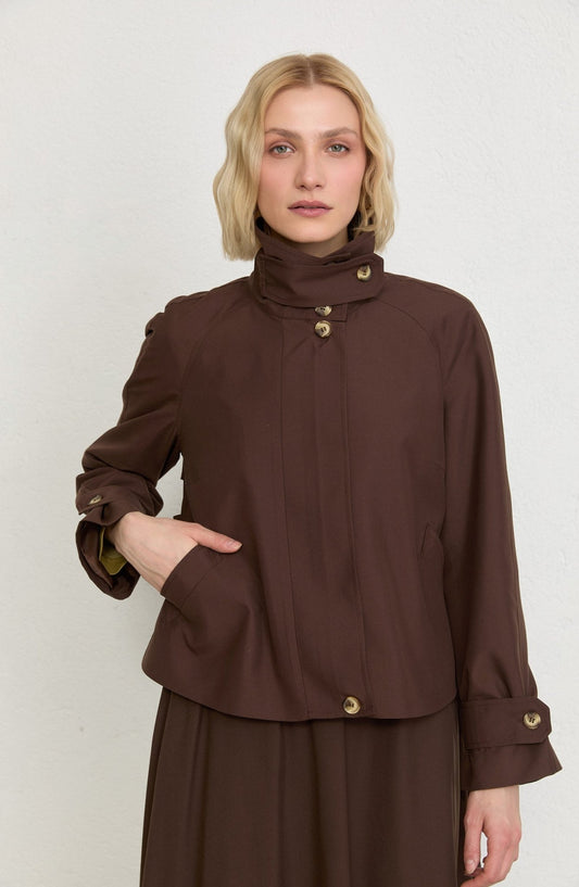 Dik Yaka Acı Kahve Oversize Midi Trenç Ceket - Fatma Atasoy